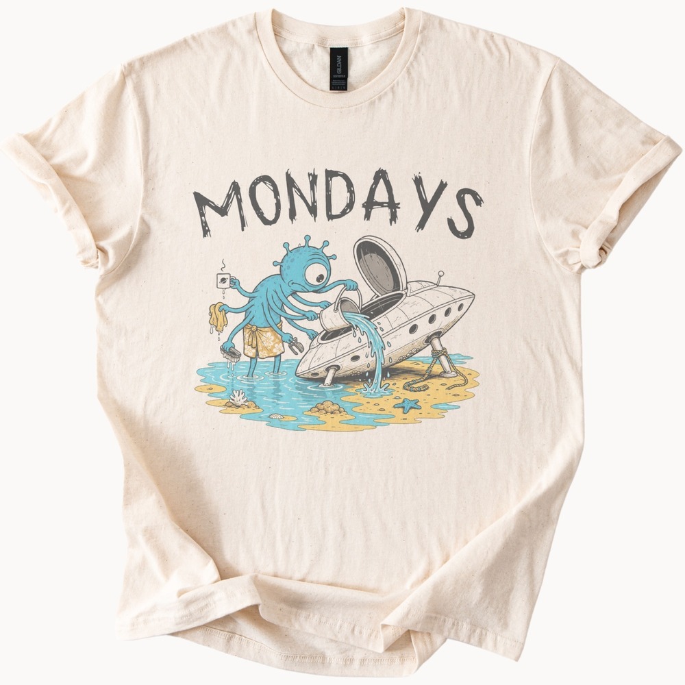 Monday's Space Adventure Graphic Tee Alien Octopus Beach Humor
